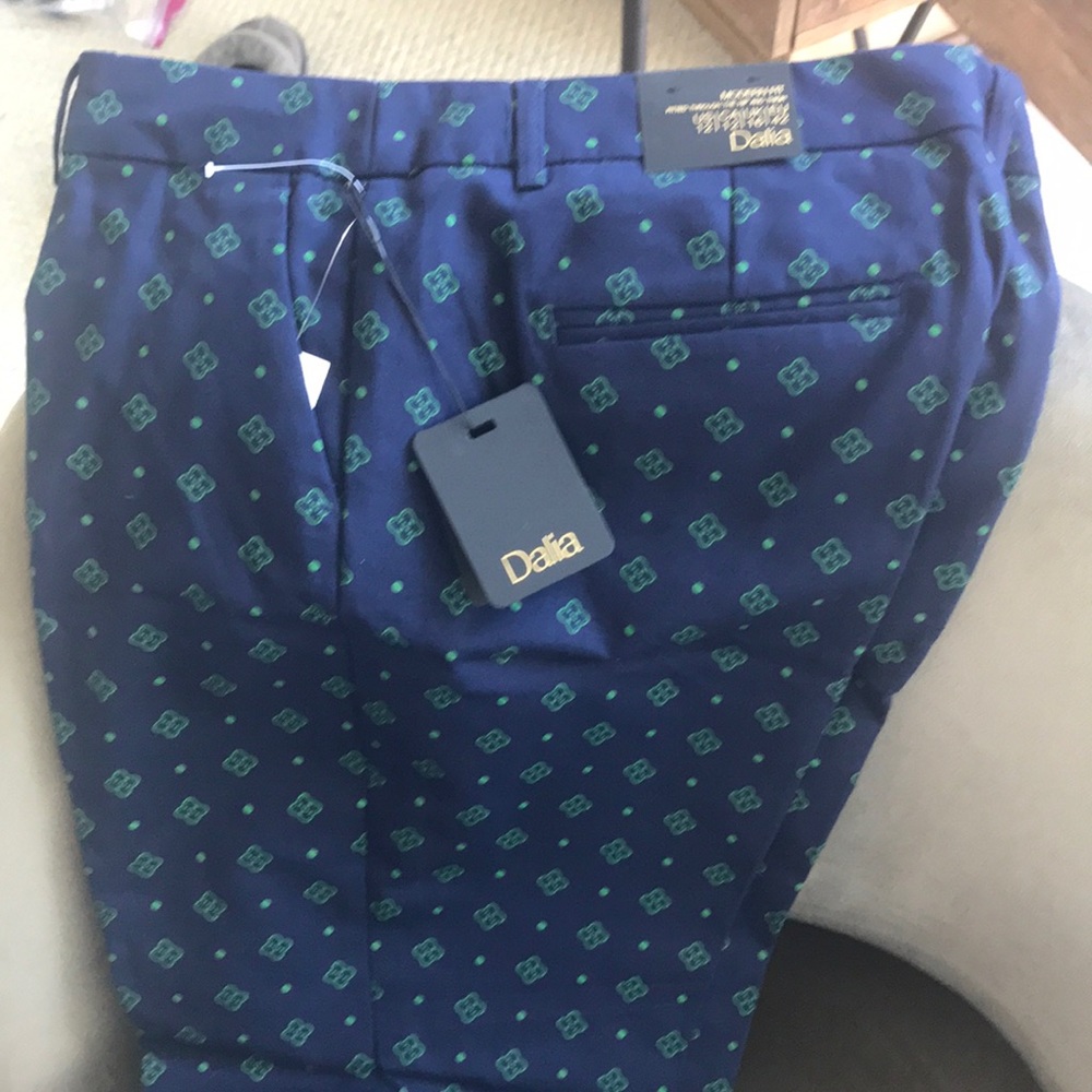 Navy and Kelly green patterned pants.